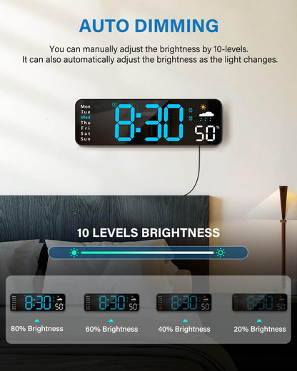 Digital Wall Clock, Digital Clock Large Display with Remote Control, Corded LED Alarm Clocks with Date, Week, Temp, Humidity, Auto DST, Countdown, for Living Room Bedroom Classroom Office (Blue)