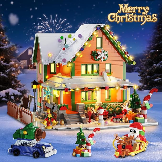 Christmas House Mini Building Set with Light PLAXSOON 1961 PCS Holiday Snow Village Architecture Model Building Block with Santa Claus Sleigh Xmas Display Toy Set for Adults Kids Boys Girls Ages 14+
