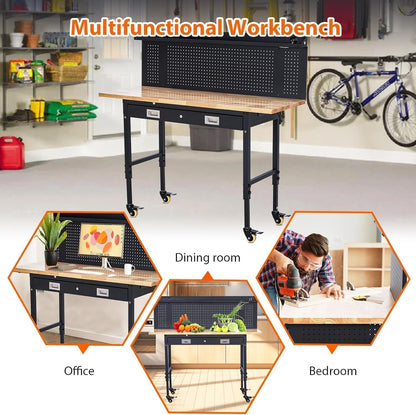 Adjustable Workbench for Garage, 48" Heavy Duty Rolling Work Bench with Power Outlet & Storage Drawer, 2000 LBS Capacity Solid Wood Top Shop Table for Workshop Home Office