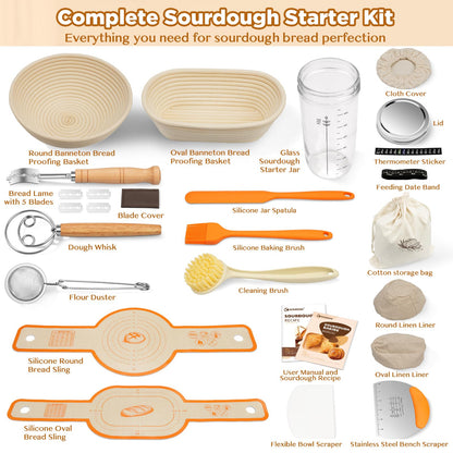 SORON Sourdough Starter Kit, Banneton Bread Proofing Basket with Glass Sour Dough Starter Jar, Sourdough Bread Baking Supplies Tools, 9" Round & 10" Oval Banneton Baskets, Gift Set for Homemade Making