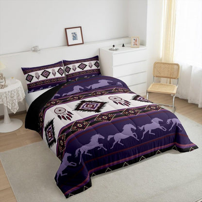 Castle Fairy Boho Aztec Kids Comforter Set Twin Size,Southwest Native Tribal Exotic Reversible Bedding Sets for Teens Bedroom Decor,American Ethnic Purple Horse Quilted Duvet,1 Pillowcase
