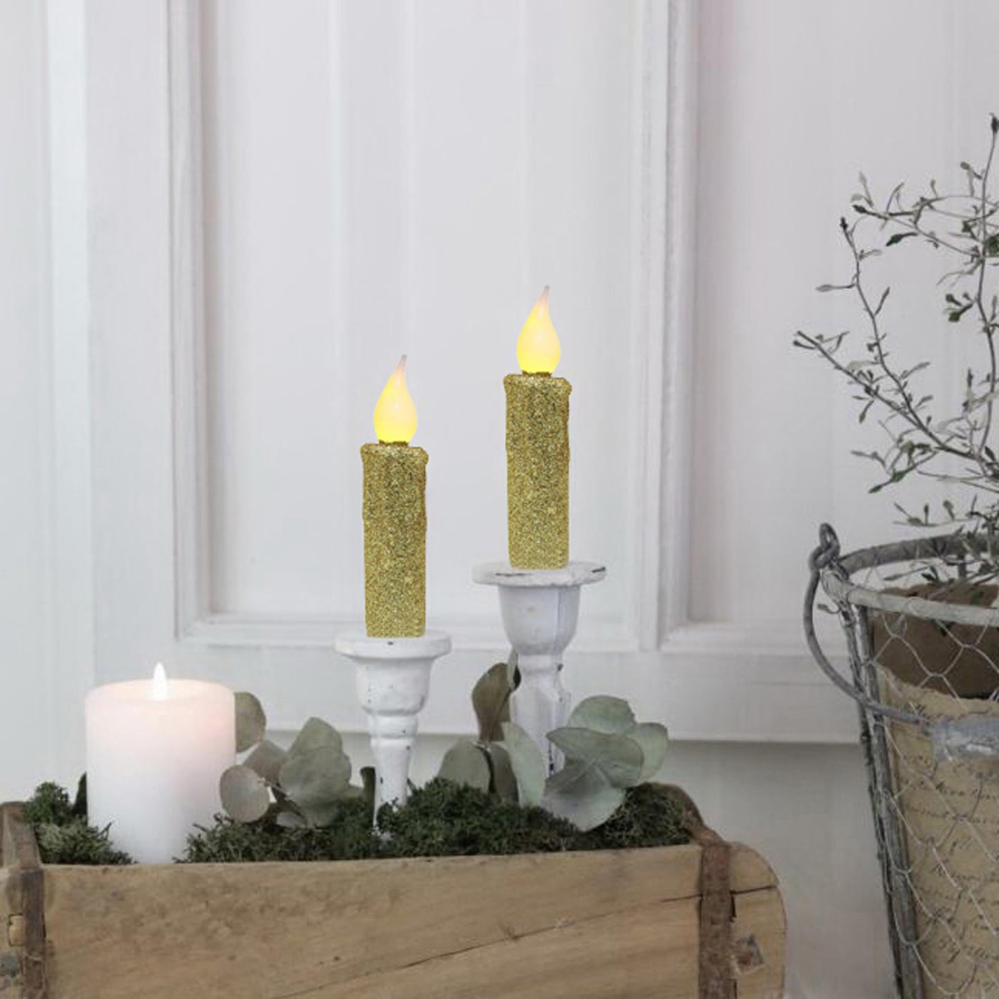 CVHOMEDECO. Glitter Flameless Candles Flickering Battery Operated LED Taper Candles with Timer for Home, Wedding, Halloween, Christmas Decor. Gold, 4-3/4 Inch, Set of 3