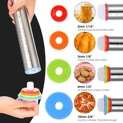 Dandat Rolling Pin with Adjustable Thickness Rings and Silicone Baking Pastry Mat Biscuit Cutter Bench Scraper Stainless Steel Dough Roller Rolling Pins for Baking Cookies Pie Pasta Pastries(Black)
