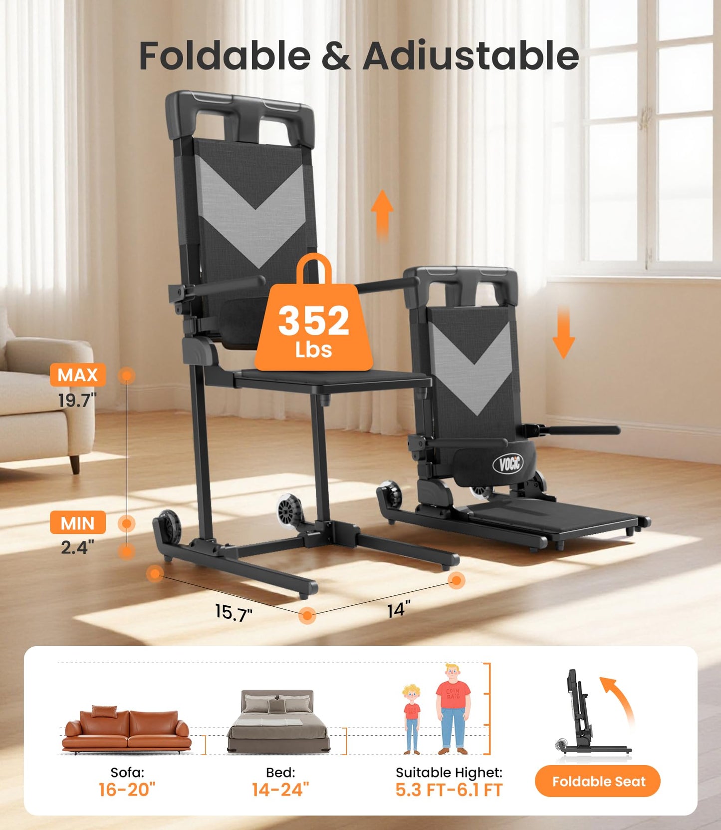 VOCIC Electric Chair Lift with Large Wheels, Ultra-Compact Chair Lift with T-Stabilized Base, Easy Mobility Design for Women & Seniors, Helps Stand from Floor, Supports 350 LBS, AX25