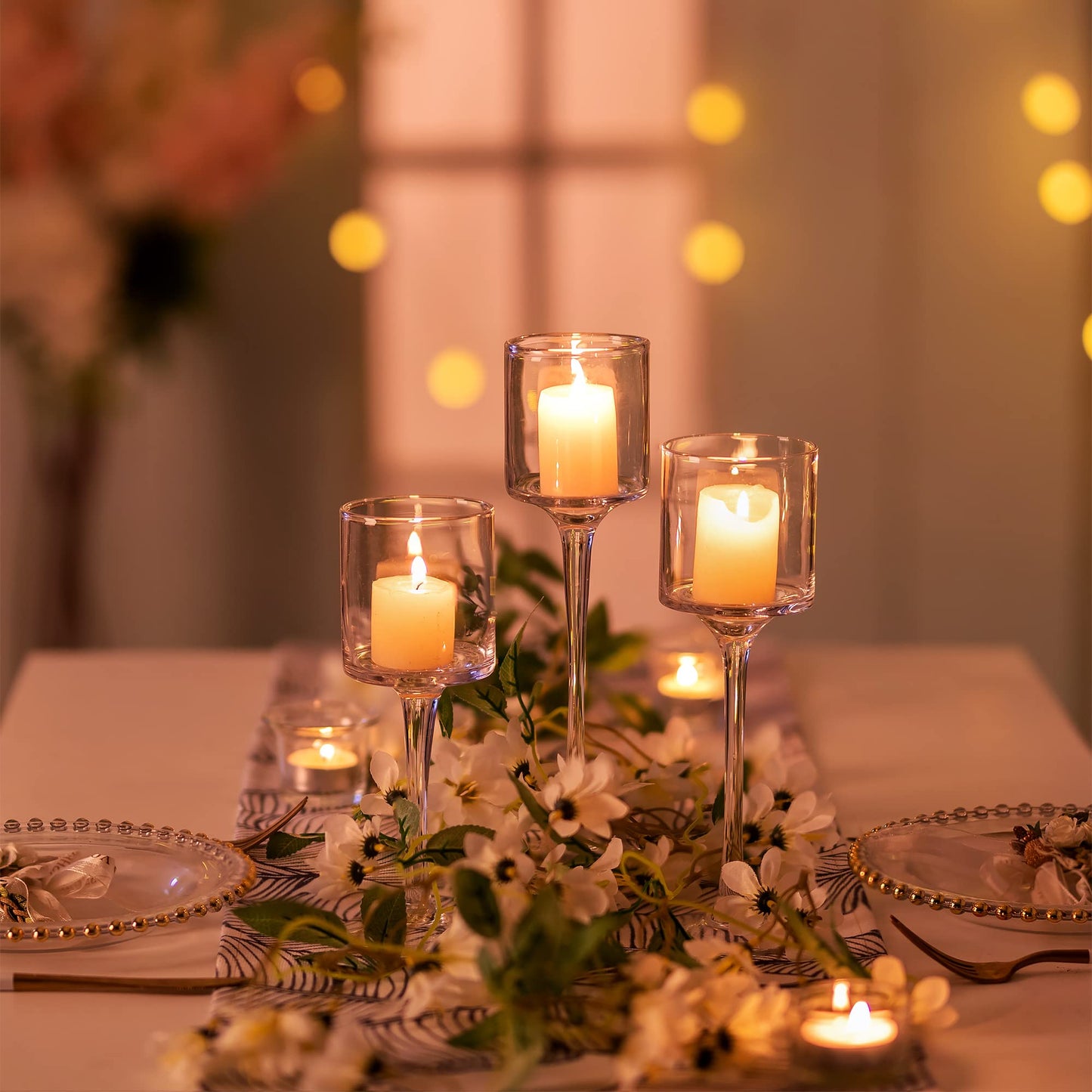Nuptio 1 Set Tealight Candle Holder Tall Glass Candle Holder for Floating Candles, Glass Candle Holders for Pillar Candles, Tall Candle Holders for Table Centerpiece Home Party Wedding Table Decor