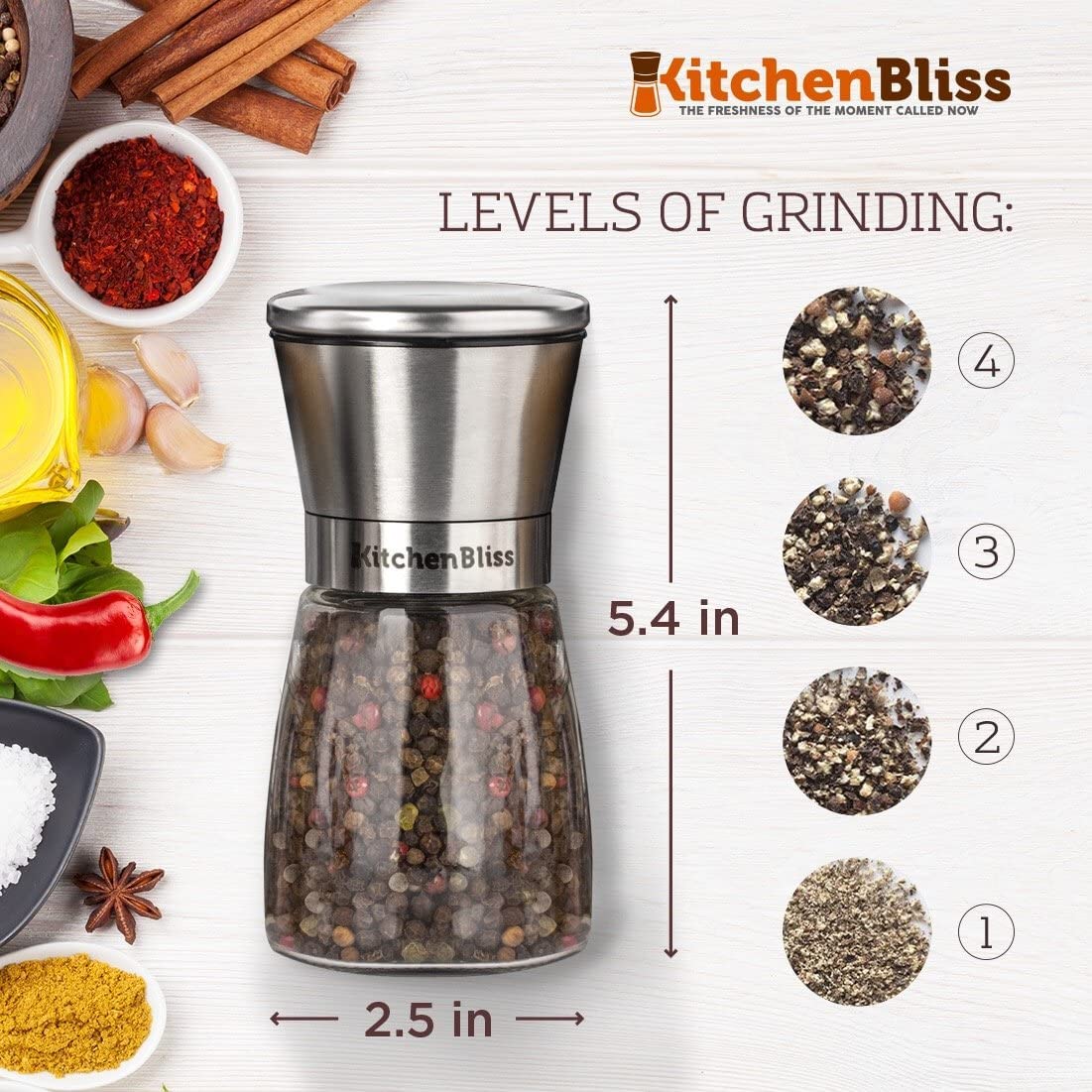 Kitchen Bliss Premium Copper Stainless Steel Salt and Pepper Grinder Set - Short Glass Shakers - Adjustable Coarseness Mills - Refillable with Himalayan Salt, Black Peppercorn - Set of 2