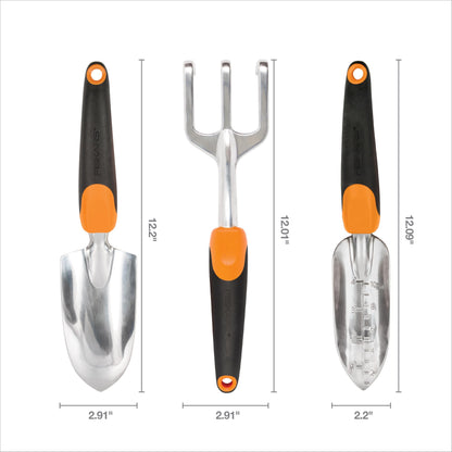 Fiskars 3-in-1 Garden Tool Set, Polished Cast-Aluminum Heads for Rust Resistance, Heavy-Duty Trowel, Transplanter & Cultivator for Digging and Planting, Non-Slip SoftGrip Handles Reduce Fatigue