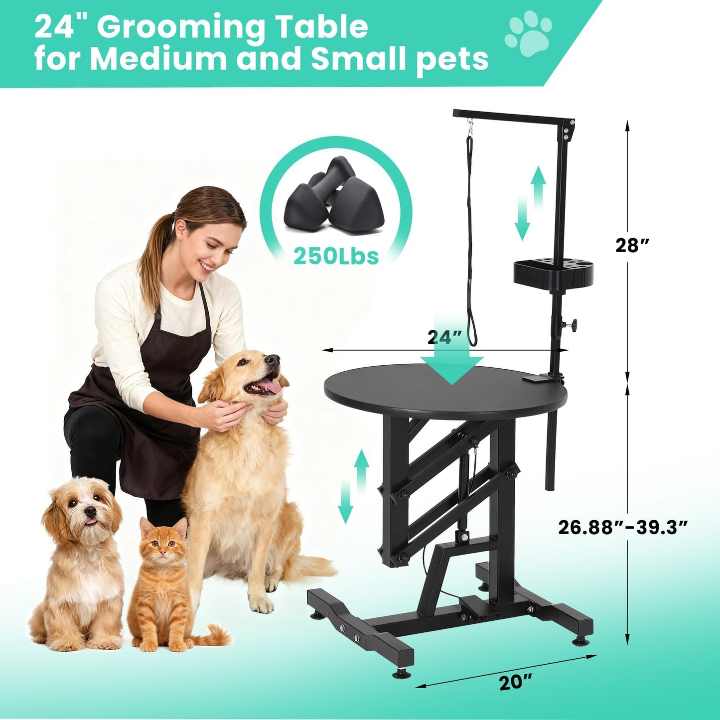 Hydraulic Lift Dog Grooming Table, Adjustable Height 26.8" to 39.3", Rotating Non-Slip Silicone Surface – Collapsible, Portable, 250LB Capacity,– For Large & Small Dogs or Cats – Pet Bathing