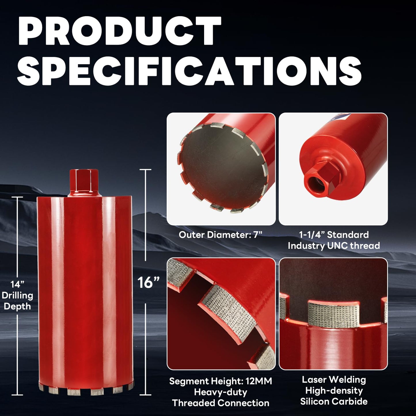 DaduoRi Premium 7" Wet Core Drill Bit for Hard Concrete with High-Density Diamond, Precision-Welded Segments, 1-1/4"-7 Thread x 14" Depth, Industrial Grade for Concrete Rebar, Brick, Masonry, Pavers