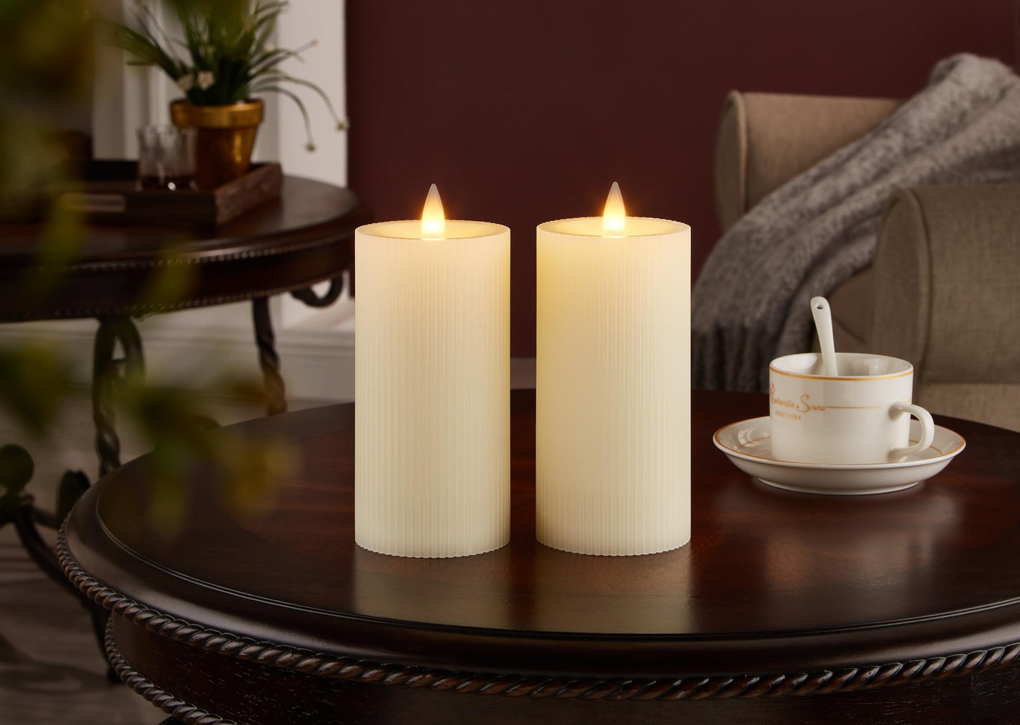 CozierGlow Flameless Pillar Candles Flickering with Remote Timer, Battery Operated LED Candles Up to 400 Hours, 3D Moving Flame Real Wax Candles. (Ivory Vertical Stripe-2 Pack)