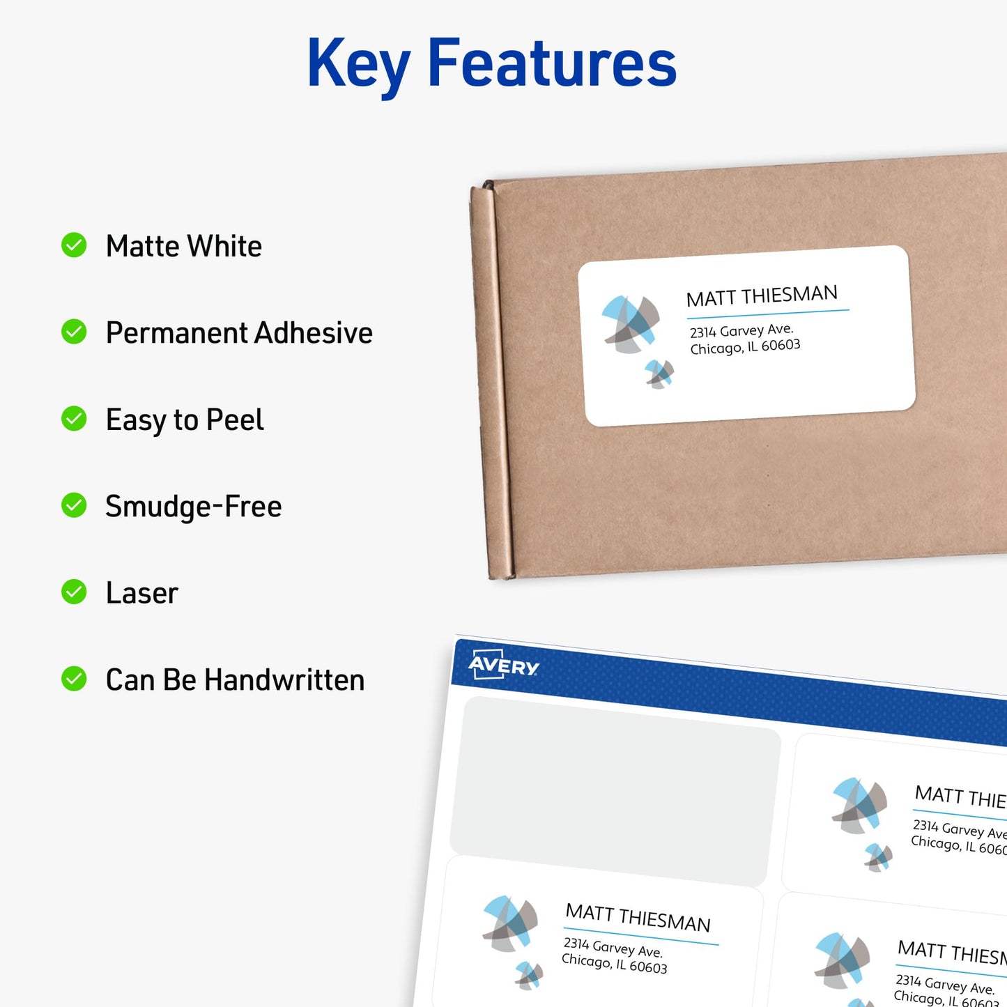 Avery Full-Sheet Printable Shipping Labels, 8.5" x 11" Customizable Stickers, White, 500 Blank Mailing Labels, Great for Mailing, Shipping, Organizing, and More (5-Pack of 5165)