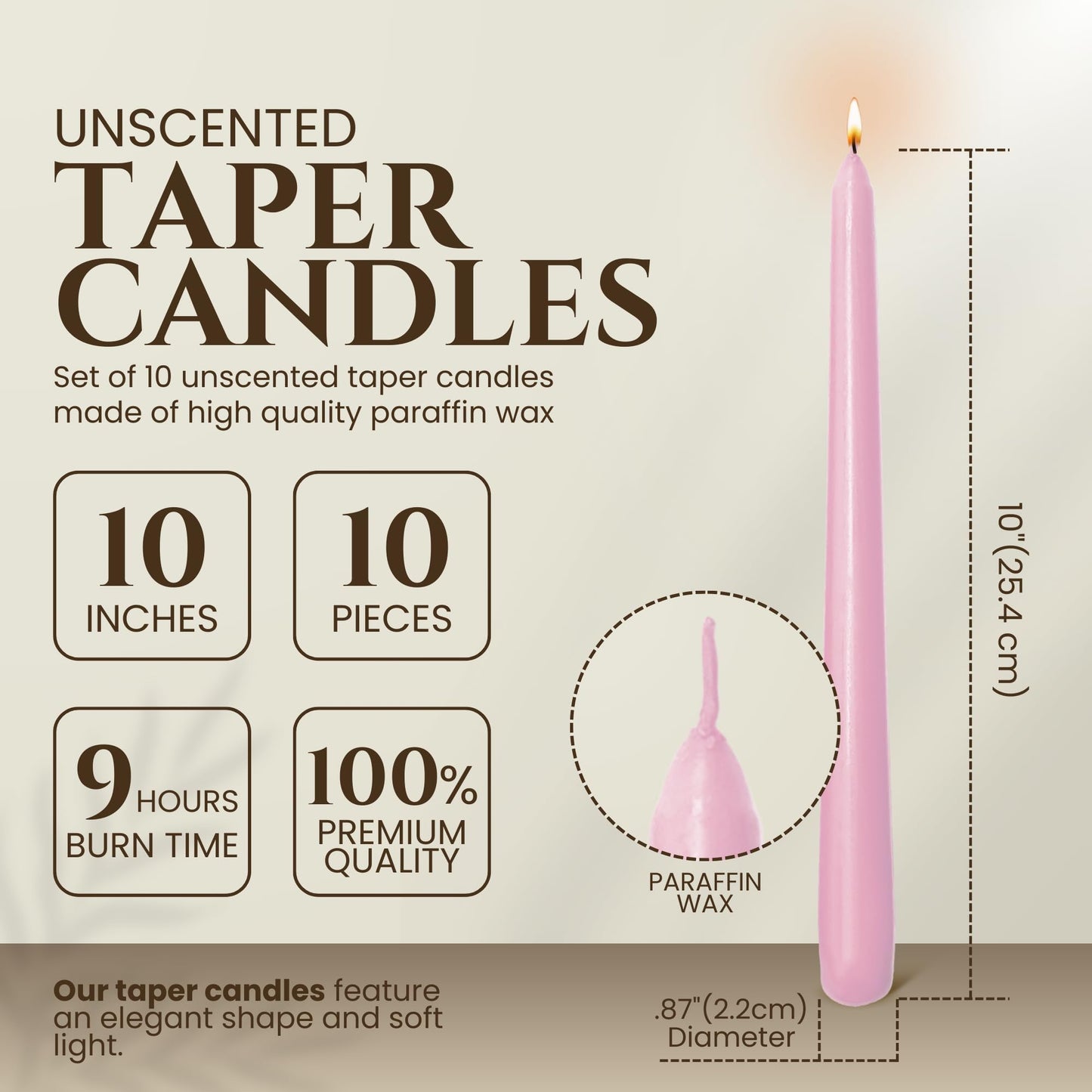 (Pack of 10) Taper Candles Pink -10 Inch Dripless, Smokeless & Unscented - Tall Candlesticks - 9 Hour Burn Time - Tapered Candles for Weddings, Dinner Parties, Home Decor, Birthday Party