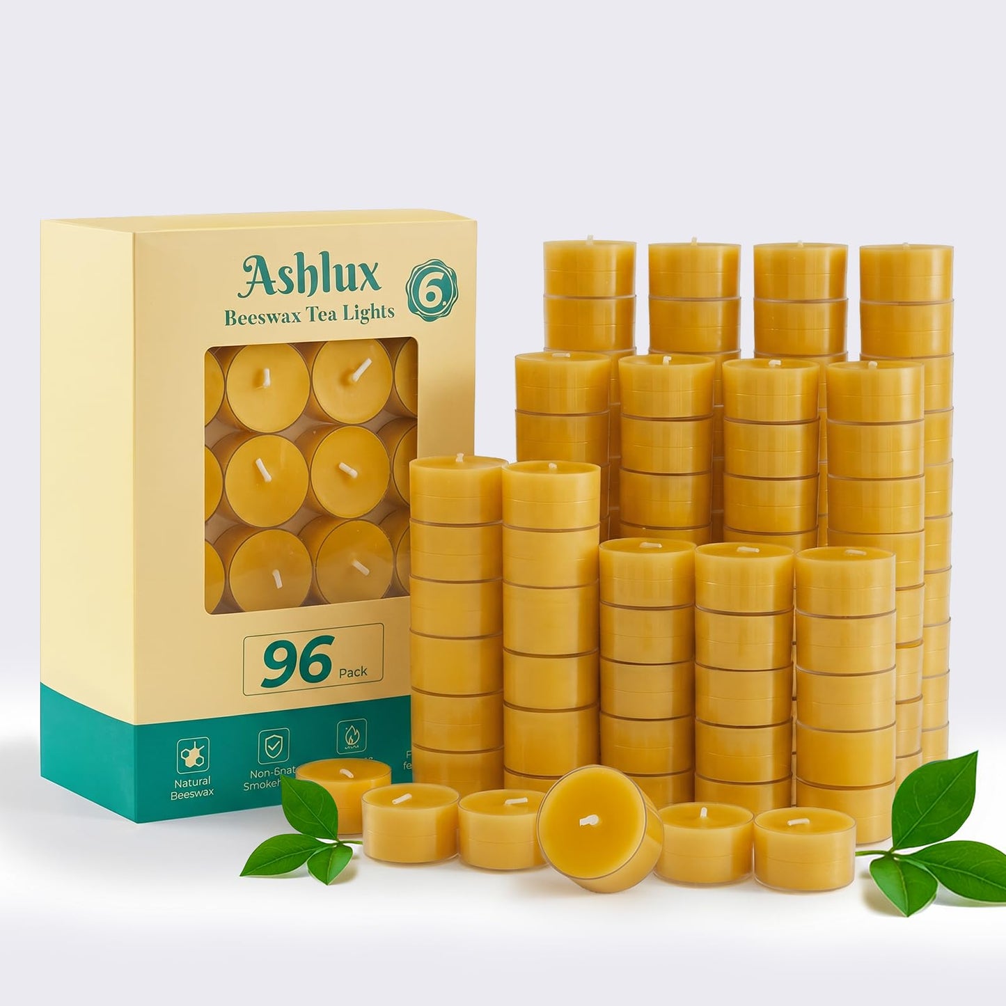 Beeswax Candle Set -96 Pack Tea Lights + 24 Pack Taper Candles + 6 Pack Pillar Candles | Unscented Dripless Smokeless Clean Burning Long Lasting Candles
