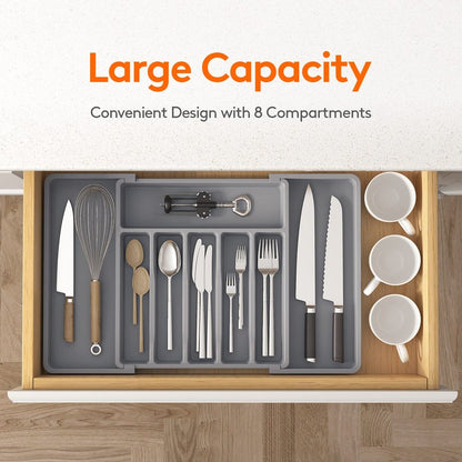 Lifewit Silverware Drawer Organizer, Expandable Utensil Tray for Kitchen, BPA Free Flatware and Cutlery Holder, Adjustable Plastic Storage for Spoons Forks Knives, 13-22 x 15", Grey
