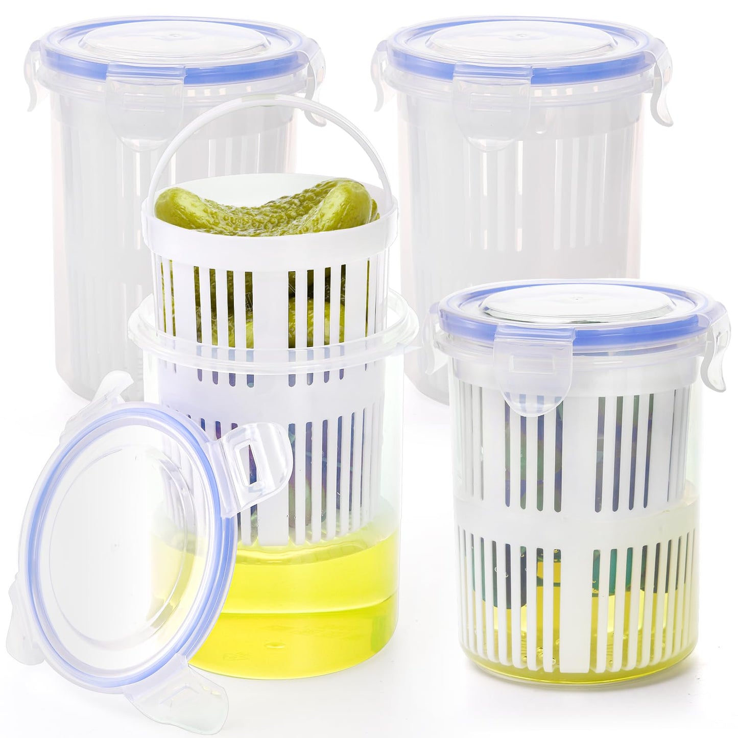Yesland 4 Pack Pickle Container with Strainer, 24 oz Plastic Pickle Jar Holder Keeper Lifter, Clear Leak-proof Pickle Juice Separator with Lock It Lid for Sweet Gherkins, Olives