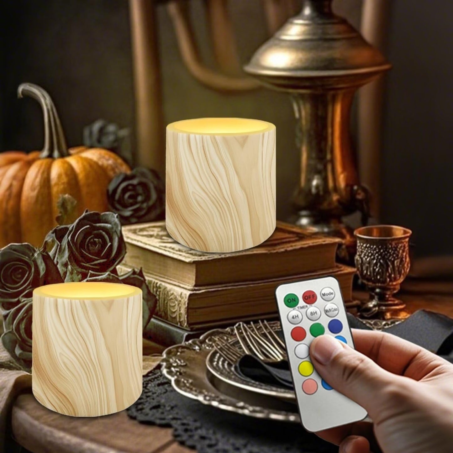 Cozeyat Pine Wood LED Candles Set of 4 Battery Powered Flameless with Remote Timer Dancing Flame Waterproof for Garden Beach Table Decoration