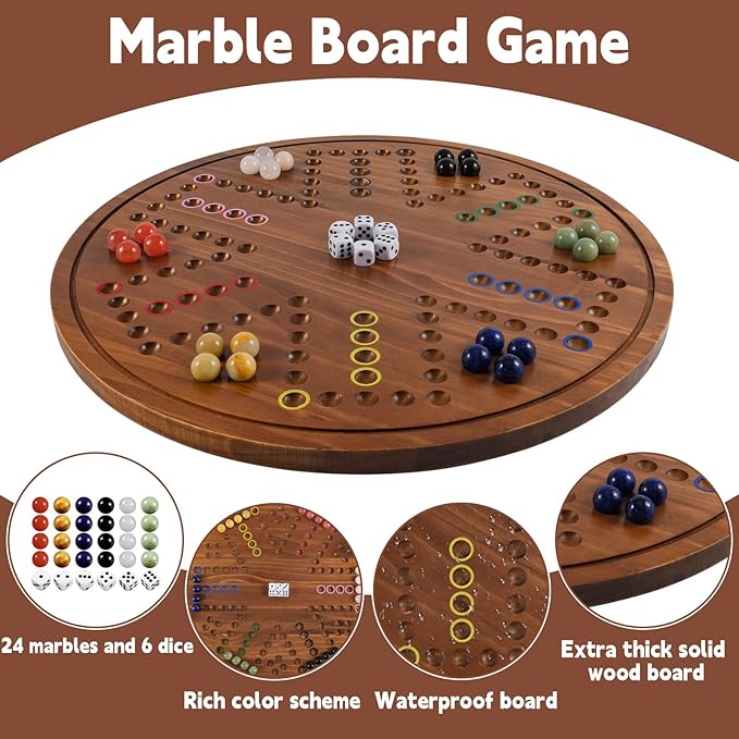 Circular Large Marble Board Game with Double-Sided Painted Wooden Fast Track Board Game with 24 Marbles 6 Dice4-Player Game 6-Player Game Universal Original Natural Marble (Burnt Color)