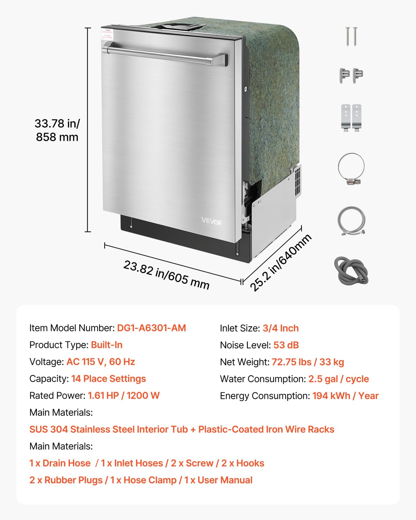 VEVOR 24 Inch Built-In Dishwasher, Stainless Steel Tub, 14 Place Settings and 8 Washing Programs, 23.82 x 25.2 x 33.78 Inch Low-Noise Dishwashing Machine with Upper/Lower Racks and Zoned Storage