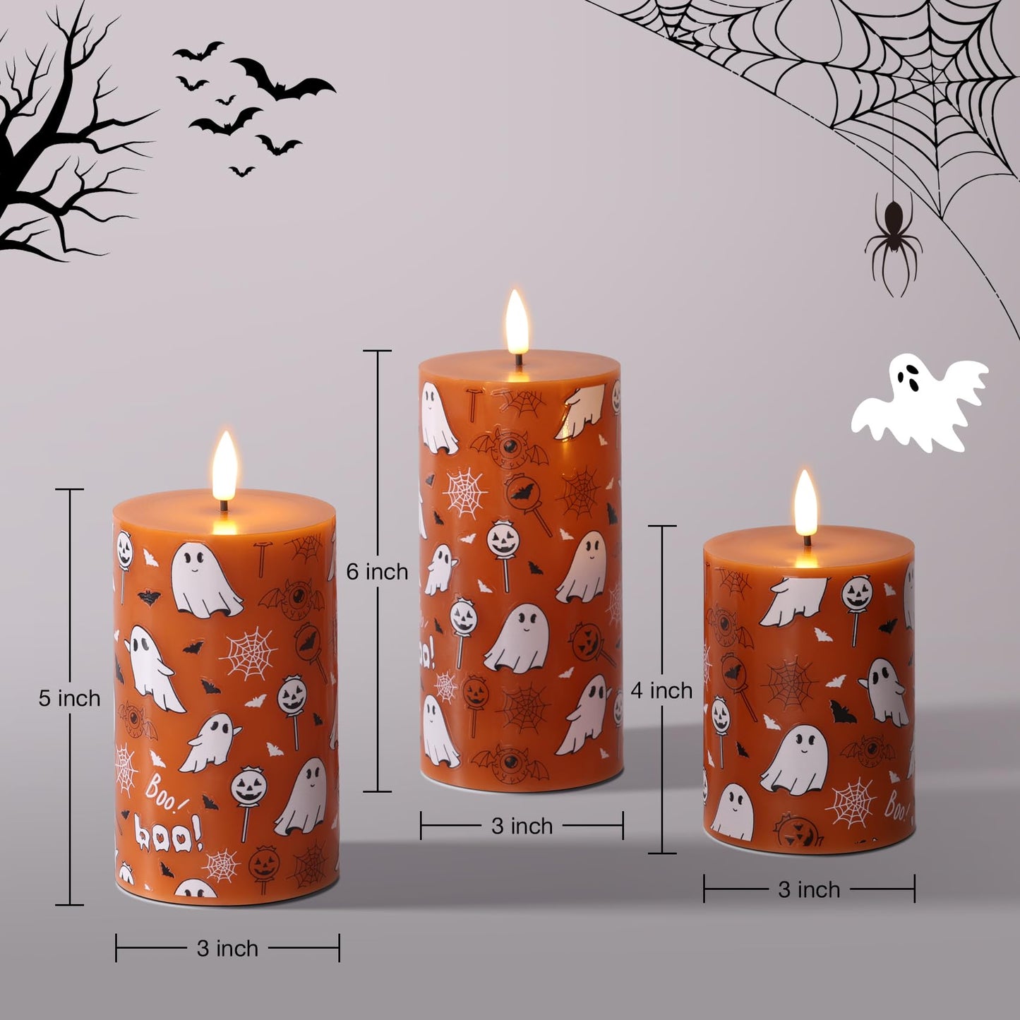 Girimax Burnt Orange Halloween Flameless Pillar Candles with Remote, Ghost LED Wax Candles Battery Operated Set of 3