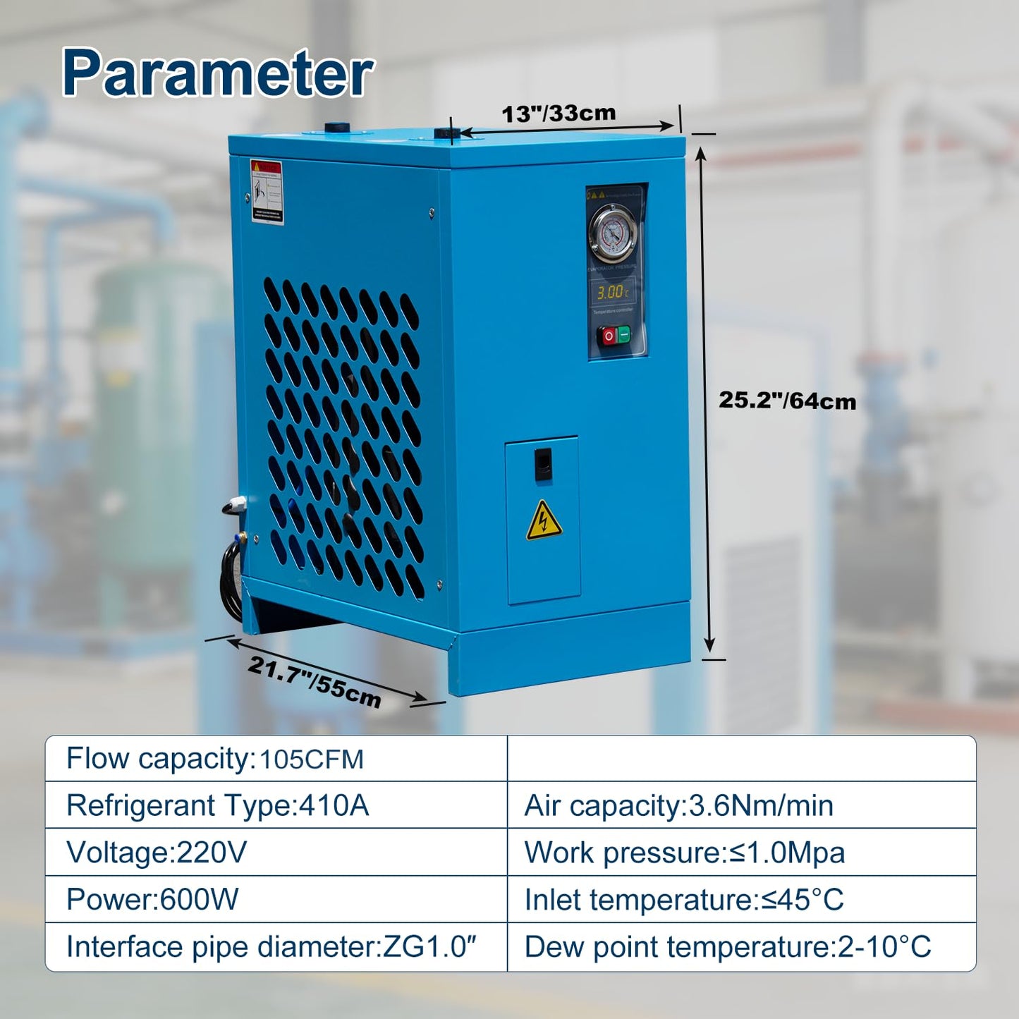 HPDAVV Industrial Heavy Duty Refrigerated Air Dryer, 105 CFM, 0.885 KW, 220V for 30HP Rotary Screw Compressors, R134a Cooling System, Removes Moisture, Oil, Dust for Workshops, Factories, CNC