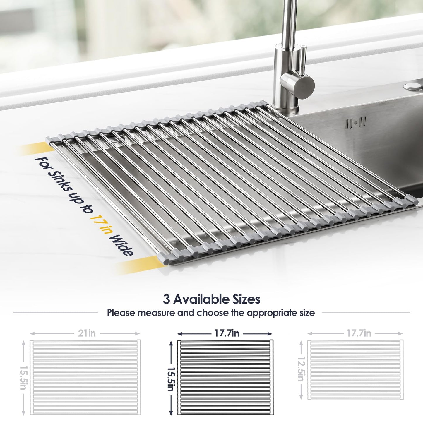 Tomorotec 17.7" x 15.5" Roll Up Dish Drying Rack Over Sink Drying Rack Sink Cover Kitchen Sink Accessories Gadget Multipurpose Organizer Foldable Stainless Steel Drainer (Grey)