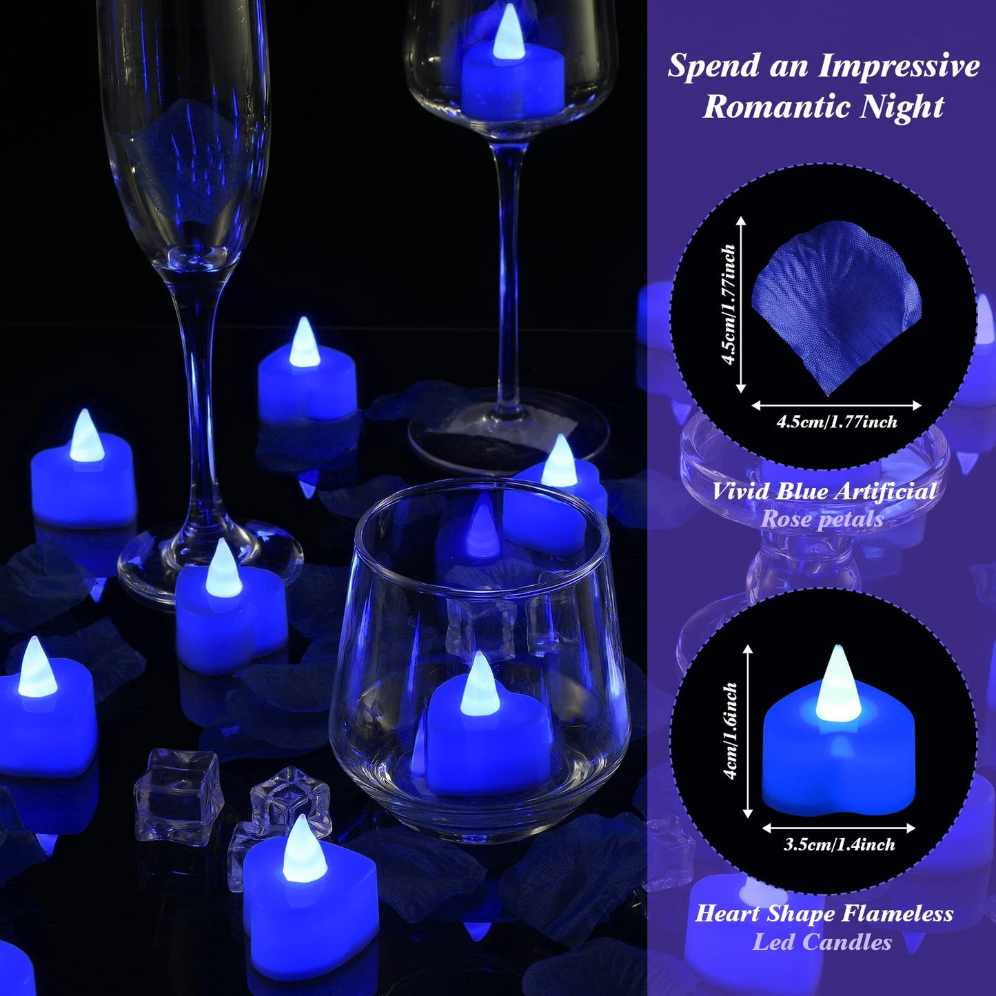 Coume 6000 Pieces Artificial Rose Petal 72 Pieces LED Tealights Candle, Romantic Decorations Special Night Rose Petal Heart Candle for Valentines Wedding Anniversary Proposal Decor(Blue Light)