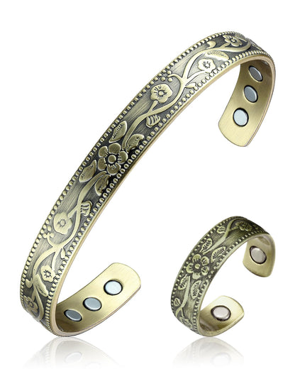 BioMag Copper Bracelet & Ring for Women, 99.99% Pure Copper Magnetic Bracelet Lymphatic Drainage Rings with 3500 Gauss Magnets, Adjustable & Flower Pattern (Antique Bronze Tone)