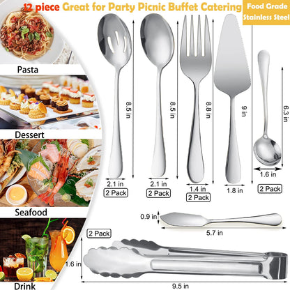 IAXSEE 12Pcs Silver Serving Utensils Stainless Steel Serving Spoon,Slotted Spoons Serving Forks,Serving Tongs Cake Server Dessert Spoon Serving Flatware Set Great for Parties Buffet Party
