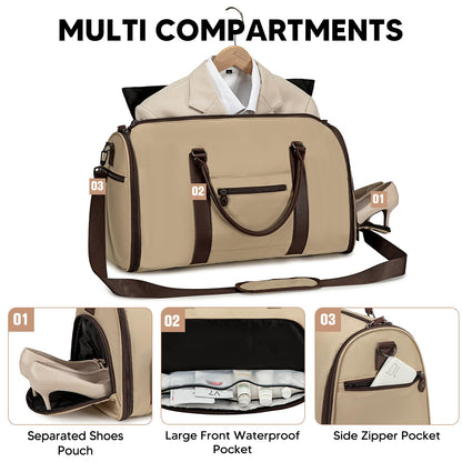 Vessgra 2 in 1 Duffle Bag, Carry On Duffle Bags for Women, 2 in 1 Suit Bag with Shoes Compartment 45L Garment Bag for Airplane Travel,Garment Bags with Shoulder Strap,(Khaki)