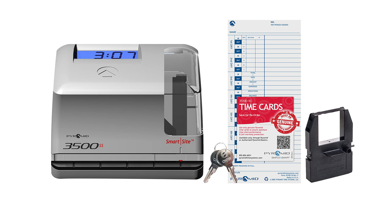 Pyramid Time Systems - 3500SS Employee Automatic Time Clock Bundle for Payroll Tracking and Attendance Management, Punch Clock with SmartSite Alignment, 25 Time Cards, 1 Ribbon and 2 Security Keys