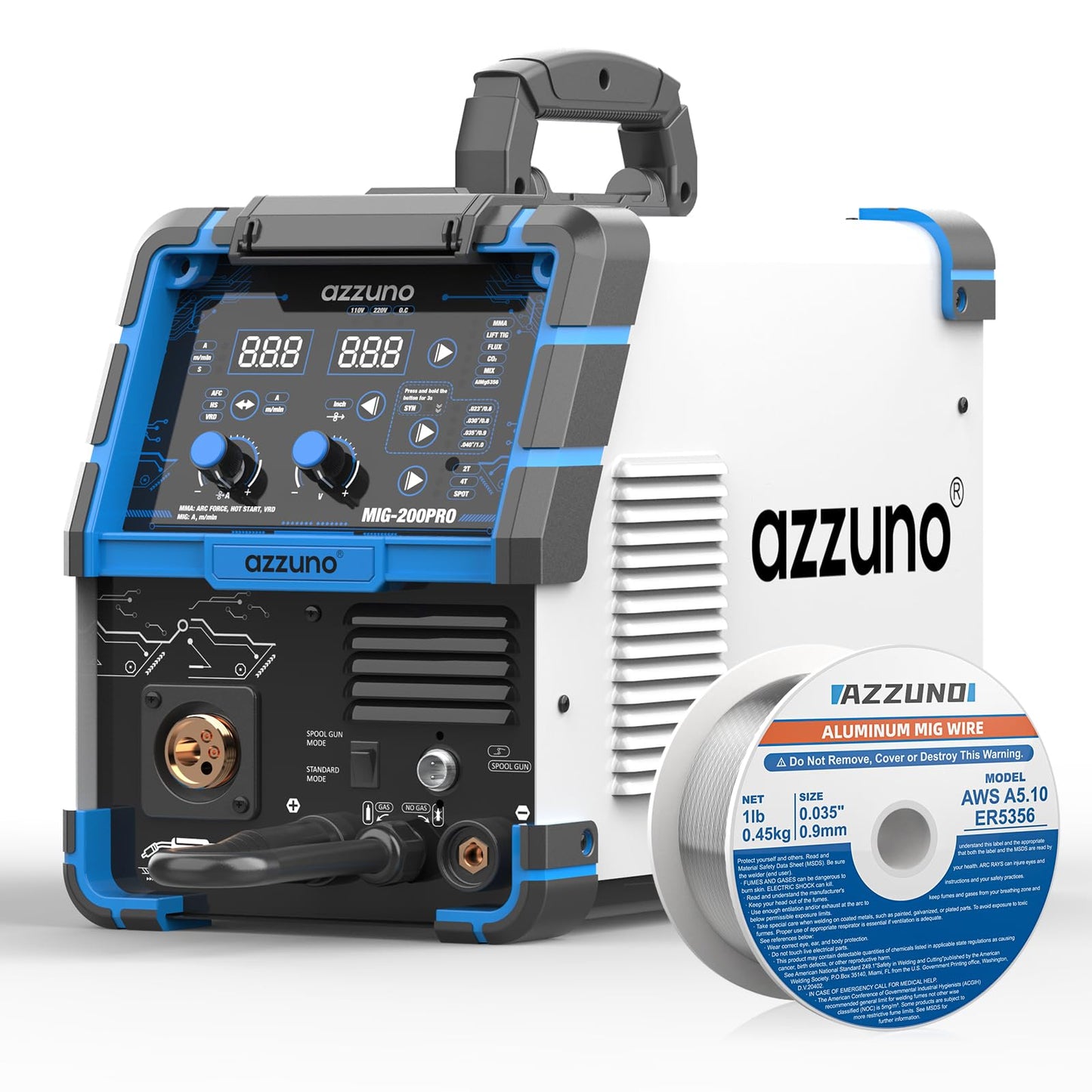 AZZUNO 8 in 1 200A MIG Welder & .035" Magnesium Aluminum Mig Welding Wire ER5356 1LB, 110V/220V Welder Machine Flux Core MIG/Gas MIG/MAG/Aluminum MIG/Spot MIG/Lift TIG/Stick Welding/Spool Gun Compatib