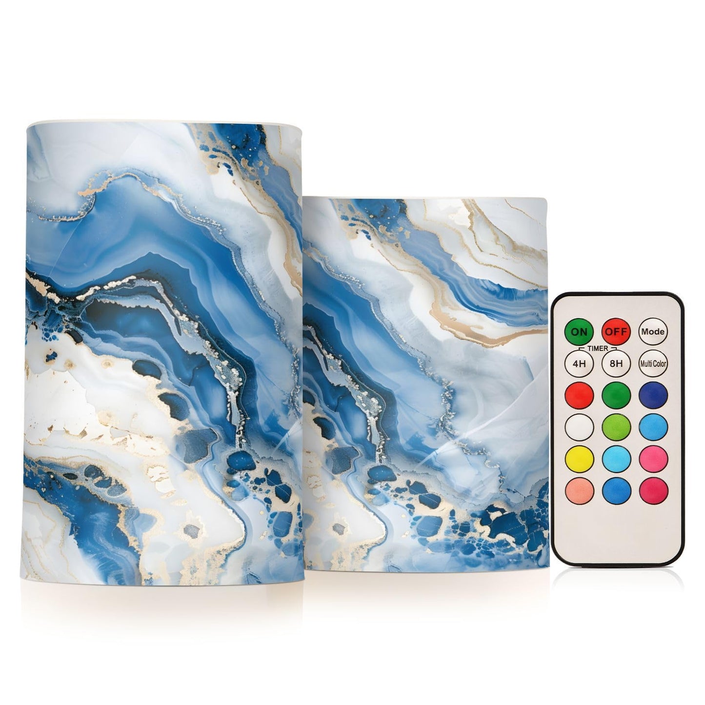 ALAZA White Blue Marble Flickering Flameless Candles Pillar Led Candles Battery Operated Candles with Remote and Timers Set of 2
