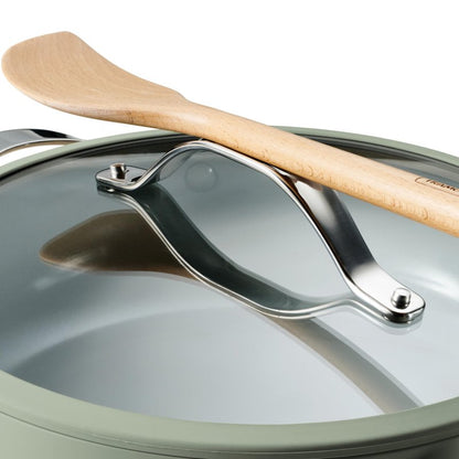 Tramontina Vue All-in-One Plus Pan Set, 5-Quart Ceramic Non Stick Cooking Pan with Glass Lid, Steamer Insert, Beechwood Utensils, Splatter Screen, Pot Holder, Green
