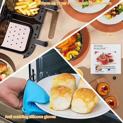 Dual Basket Air Fryer Accessories, 15pcs Set for Ninja DZ401 DZ201 Foodi Dualzone Air Fryers with 100pcs Air Fryer Liners, 2 Non-Stick Pans, Bread,Toasting,Skewer Racks, 6 Cake Cups, 2 Mitts, Recipes