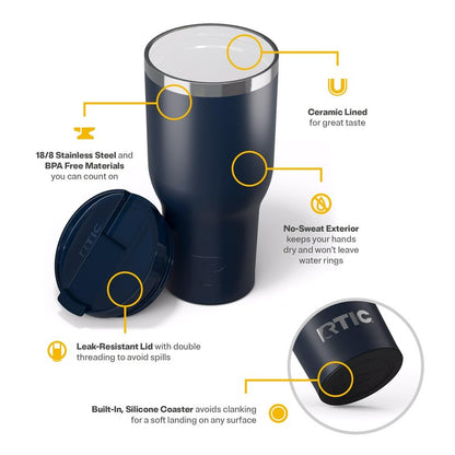 RTIC 40oz Essential Tumbler with Lid, Ceramic Lined, Insulated, Stainless Steel, Metal, Double Wall Vacuum-Insulation, Travel Cup for Iced Coffee, Tea, Hot and Cold Drink, Navy