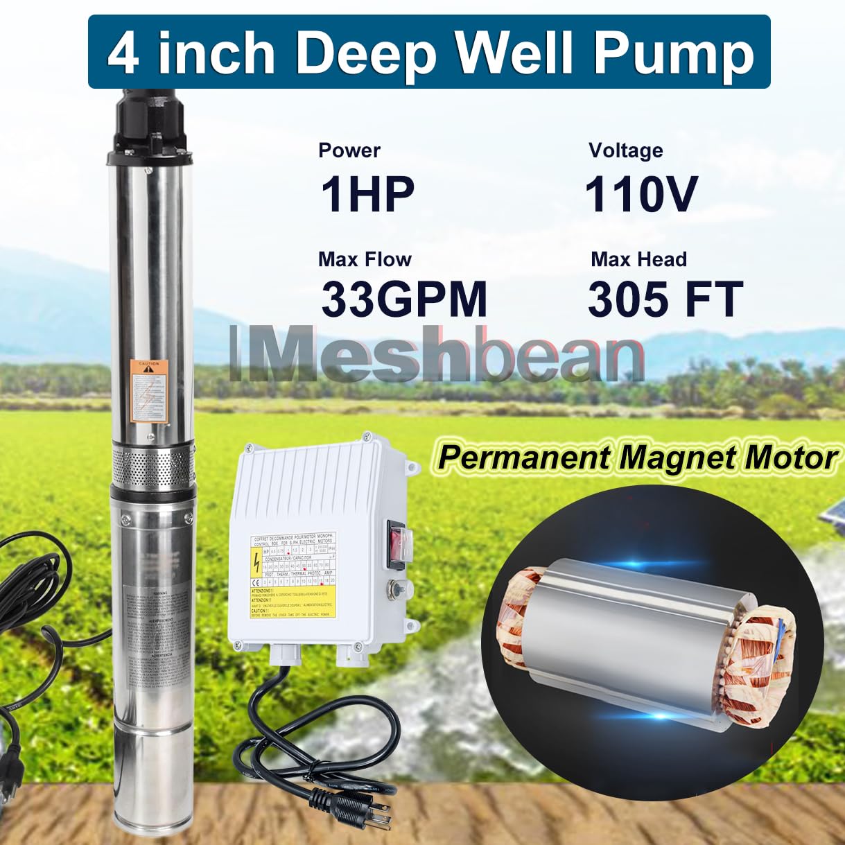 Deep Well Submersible Pump with Control Box, 1HP 110V Deep Well Pump Submersible Water Pump for Industrial Irrigation and Home, 100FT Power Cord, 33GPM,305FT Lift,Long Life,4" OD