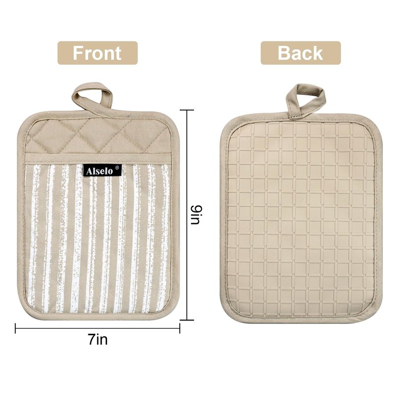 Alselo Silicone Pot Holders Set of 3 Heat Resistant & Non Slip Potholders, Professional Oven Hot Pads with Pockets Mitts for Kitchen Cooking Baking Barbecue (Khaki, 3)