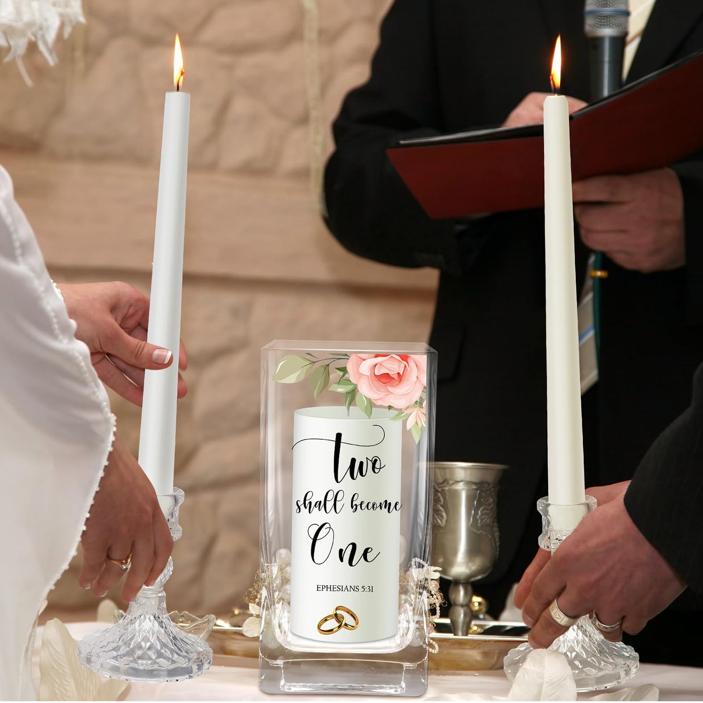 FoldTier Unity Candles with Holder for Wedding Ceremony Set 1 6" Pillar 2 9.8'' Taper Candles 3 Candlestick for Religious Formal Events Church(Flower)