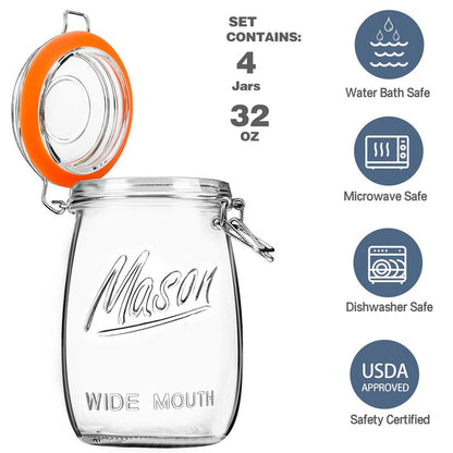 Anwoi Wide Mouth Mason Jars with Airtight Lid 32 oz 4 Pack - Large Mason Jars For Flour and Sugar With Scale Mark Food Storage Canning Jars for Pickling Flour Sugar Pasta Oats Cereal