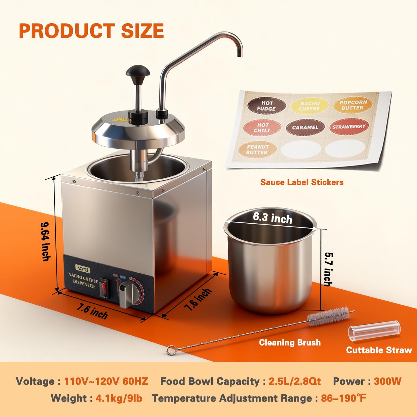 VONCI Nacho Cheese Dispenser, 2.8 Qt（2.5L）Nacho Cheese Warmer with Stainless Steel Pump, Hot Fudge Dispenser with 6-Level Temperature Control, Commercial Cheese Dispenser for Hot Fudge Cheese Caramel