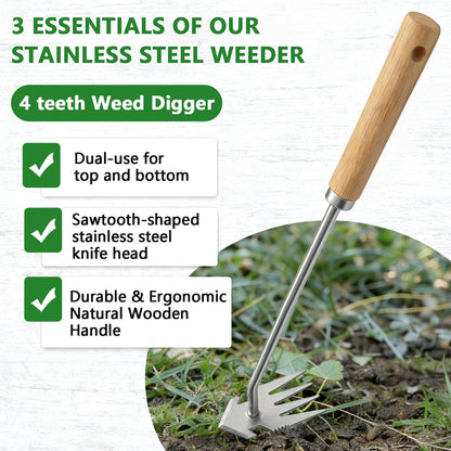 Doubleggs Weed Puller Tool, 2 Pack Garden Tools with 4 Teeth Weed Puller and Uprooting Weeding Tool for Garden, Patio, Lawn, Flower Beds and Sidewalk