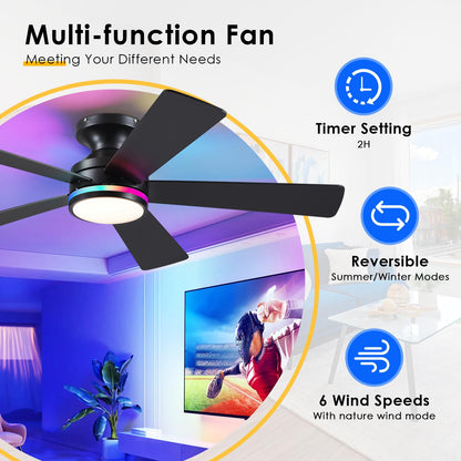 BYKISTOK 46In RGB Ceiling Fans with Lights - Black Flush Mount Ceiling Fan Light with Remote/APP, RGB+3CCT 6 Wind Speeds, Modern Low Profile Fan Light Fixture for Party, Kid's Room