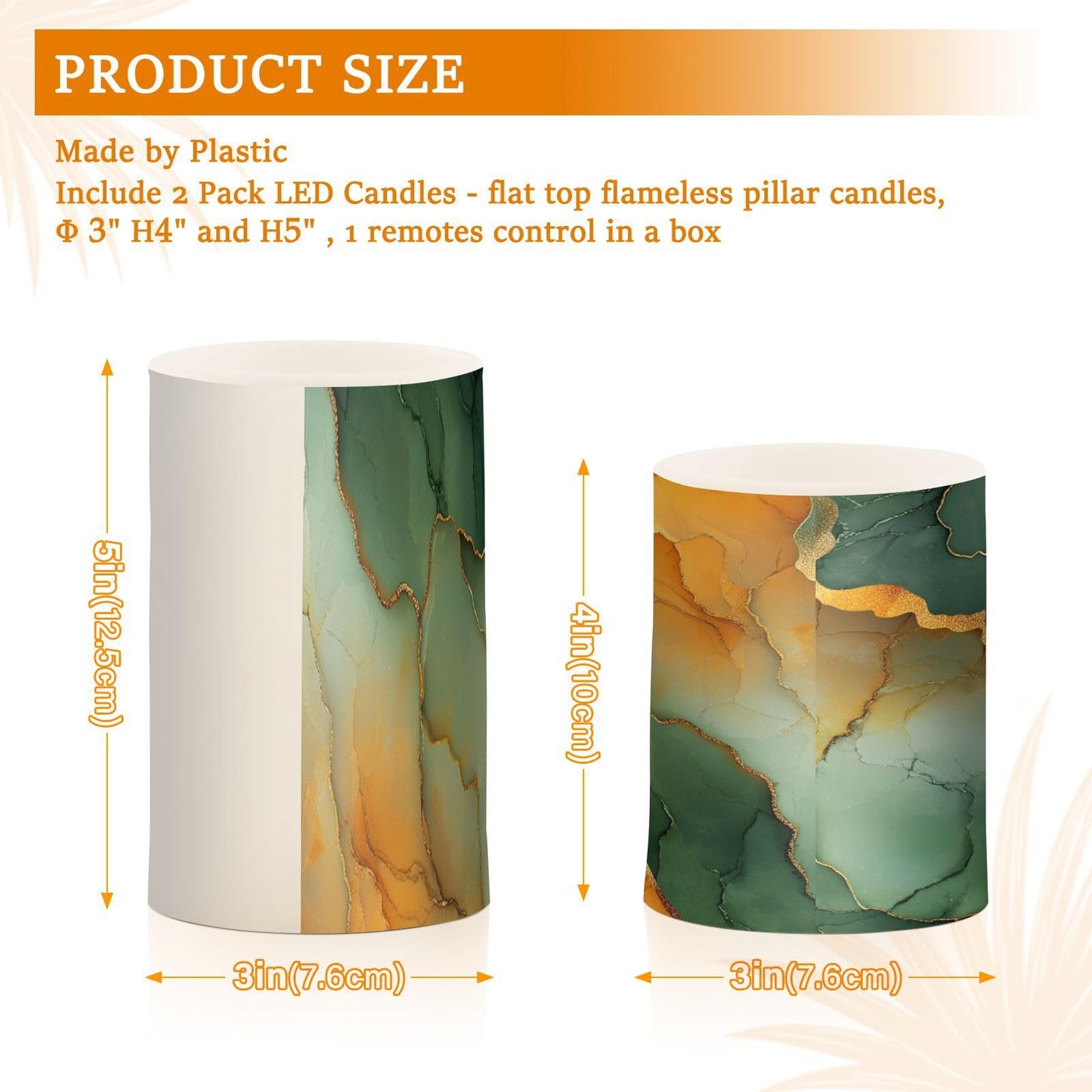 Zathe Flameless Flickering Candles Remote Led Pillar Candles for Decorations Marble Green Orange