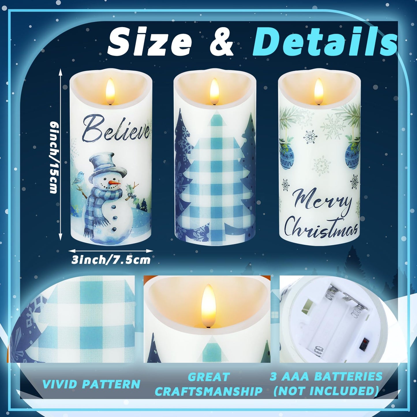 ROCEEI 3 Pcs Christmas Snowflake Style Candles Battery Operated LED Candles Winter Christmas Snowflake Style Pillar Flickering Real Wax Decorations for Indoor Table Decor Xmas Gifts Holiday Party
