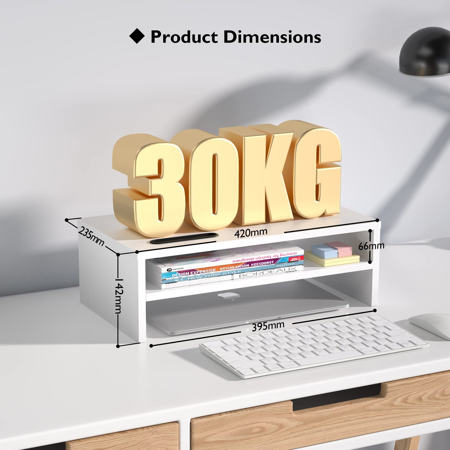 BONTEC Wooden Monitor Stand Riser, 2-Tier Desk Shelf with Storage Organizer, Ergonomic Computer Stand with Cable Management, Cellphone Holder, White, 16.5 Inch