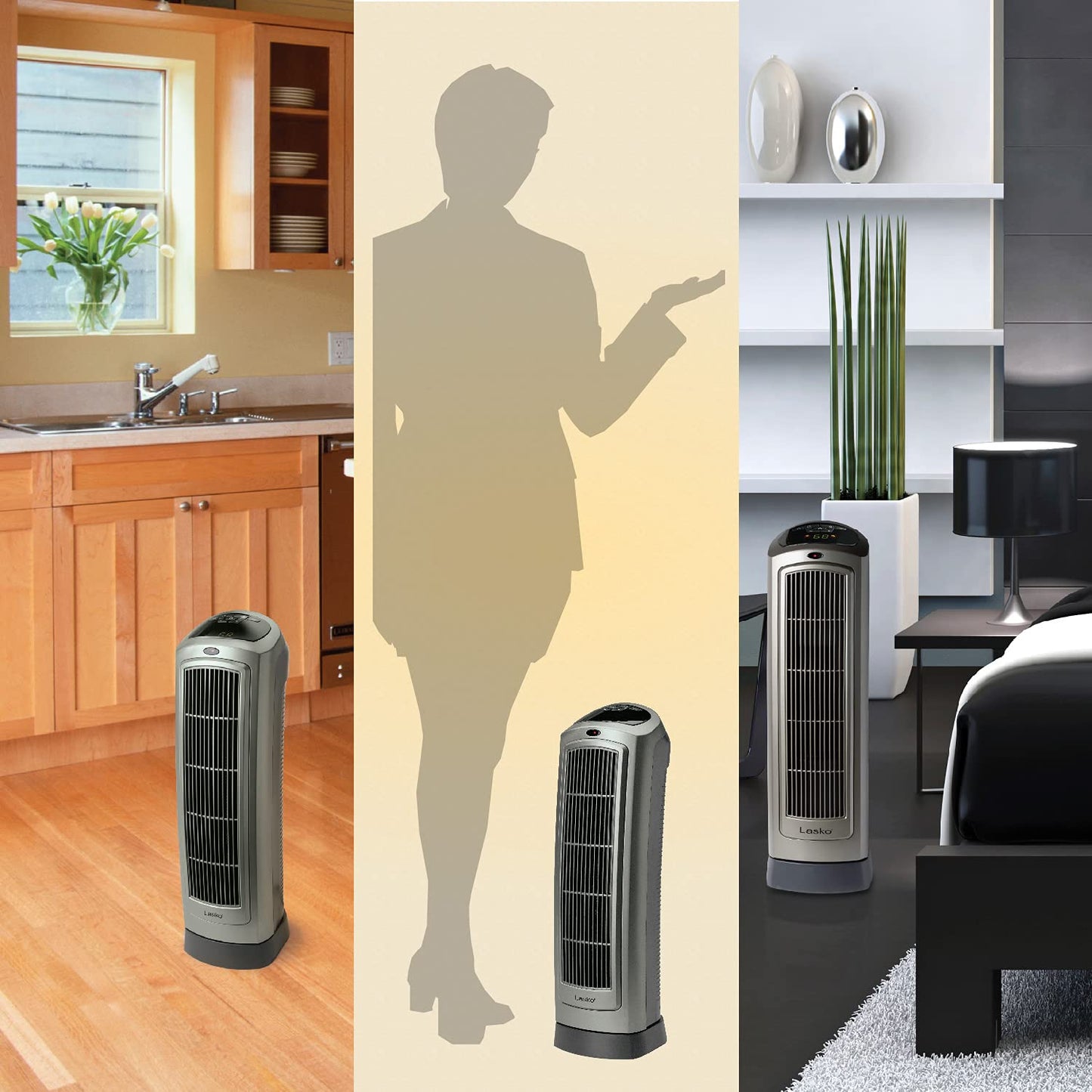 Lasko Portable Oscillating Ceramic Space Heater Tower with Digital Display, Remote Control, 2 Heat Settings and 8 Hour Timer, Gray
