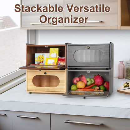 Sunhoo Bread Box for Kitchen Countertop Storage Wooden Breadbox Holder Container Morden Rustic Fresh Bread Keeper Farmhouse Stackable Organizer Bin for Homemade Food Shelf Acrylic Window (Black)