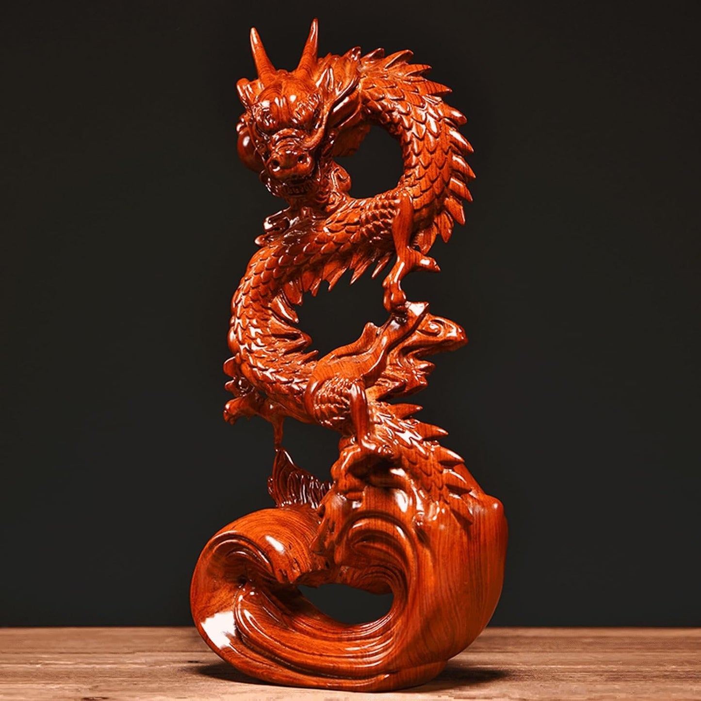 Otjidku Feng Shui Dragon Statue- Chinese Dragon on Wood Sculpture Figurine Ornament Attract Wealth and Good Luck Office Home Decor (Red) (7 Inch)