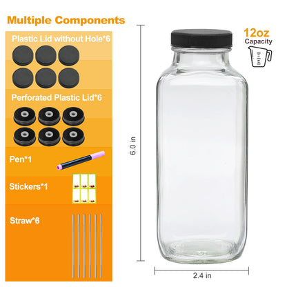 Maredash 12oz Glass Bottles with lids,juice bottles gifts for women,glass bottles with lids,glass water bottles. Kit includes Stainless Steels Straws,Two Types of Lid,Cleaning Brush 6pcs
