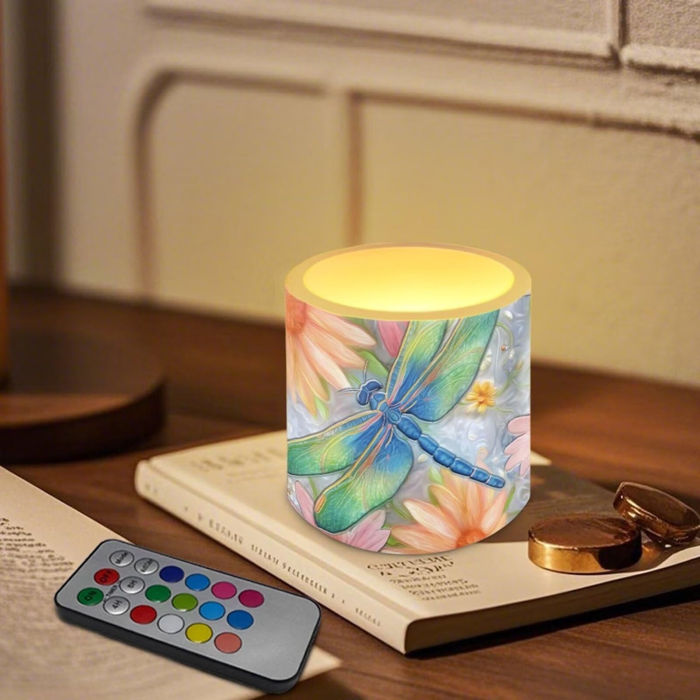 Cozeyat Floral Dragonfly Bedroom Decor LED Candles Set of 4 Battery Powered Flameless with Remote Timer Dancing Flame Waterproof for Home Patio Garden Table